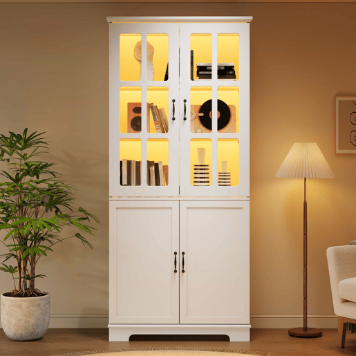 Armário vitrina alto 80 x 38 x 180 cm - com 2 portas de vidro e 2 portas opacas, 5 prateleiras, estilo rústico, estante multifuncional em aglomerado - branco