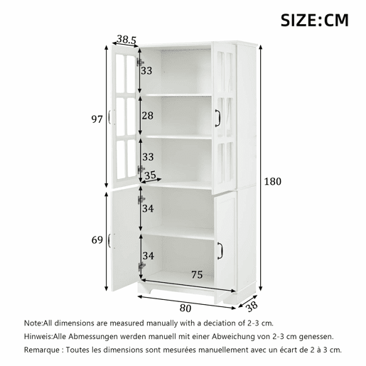 Armário vitrina alto 80 x 38 x 180 cm - com 2 portas de vidro e 2 portas opacas, 5 prateleiras, estilo rústico, estante multifuncional em aglomerado - branco