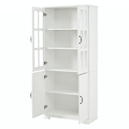Armário vitrina alto 80 x 38 x 180 cm - com 2 portas de vidro e 2 portas opacas, 5 prateleiras, estilo rústico, estante multifuncional em aglomerado - branco