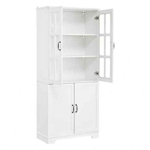 Armário vitrina alto 80 x 38 x 180 cm - com 2 portas de vidro e 2 portas opacas, 5 prateleiras, estilo rústico, estante multifuncional em aglomerado - branco
