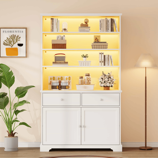 Armário vitrina 100 x 38 x 170 cm - vitrina com 2 portas, iluminação LED, móvel de sala multifuncional com 2 gavetas, estante para livros, armário grande - branco