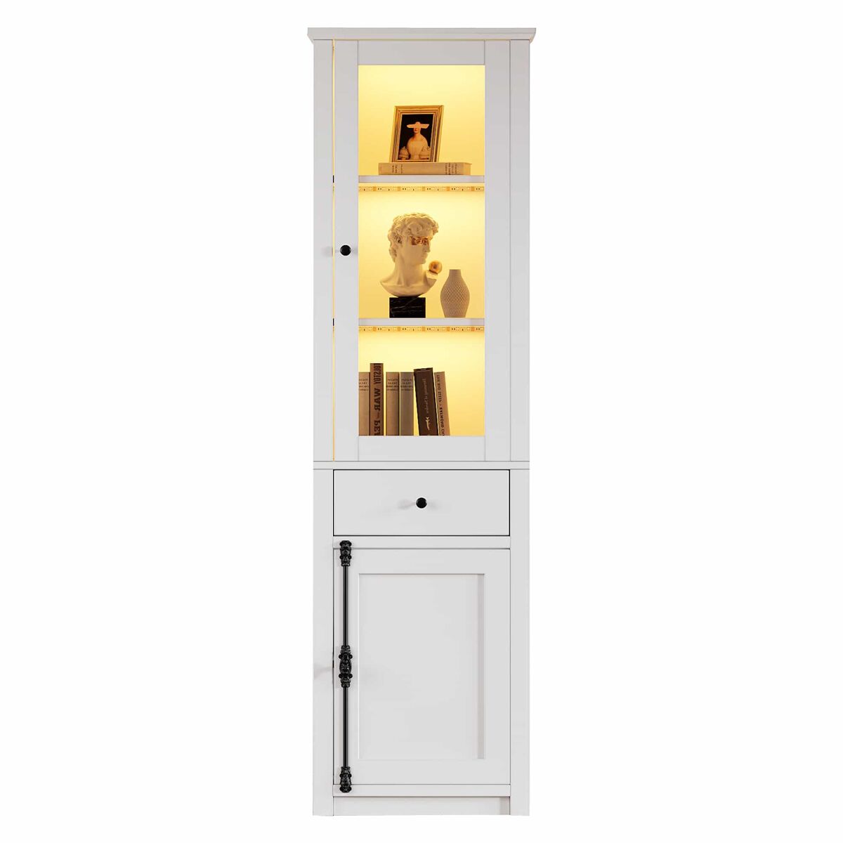 Armario vitrina alto 55×40×200 cm - con 1 cajón, 2 puertas, vitrina de vidrio con led, tiradores de metal y aleación de aluminio - blanco