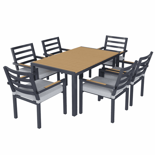 Conjunto de jantar de jardim para 6 pessoas - 1 mesa e 6 cadeiras, ferro galvanizado, tampo em madeira plástica - cinzento