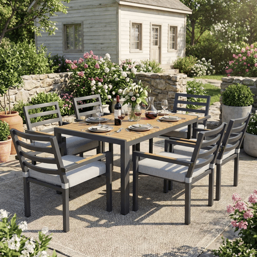 Conjunto de jantar de jardim para 6 pessoas - 1 mesa e 6 cadeiras, ferro galvanizado, tampo em madeira plástica - cinzento