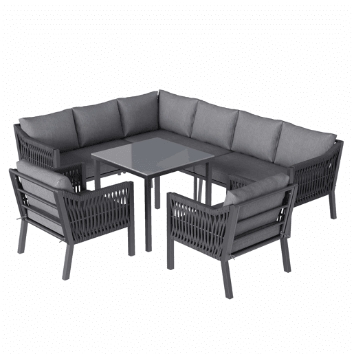 Conjunto de jantar de jardim para 8 pessoas - disposição em canto, ferro galvanizado, mesa com tampo de vidro, conjunto de corda trançada à mão, inclui mesa de jantar, duas poltronas e sofá de canto - Cinza