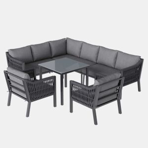 Conjunto de jantar de jardim para 8 pessoas - disposição em canto, ferro galvanizado, mesa com tampo de vidro, conjunto de corda trançada à mão, inclui mesa de jantar, duas poltronas e sofá de canto - Cinza