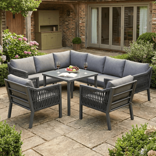 Conjunto de jantar de jardim para 8 pessoas - disposição em canto, ferro galvanizado, mesa com tampo de vidro, conjunto de corda trançada à mão, inclui mesa de jantar, duas poltronas e sofá de canto - Cinza