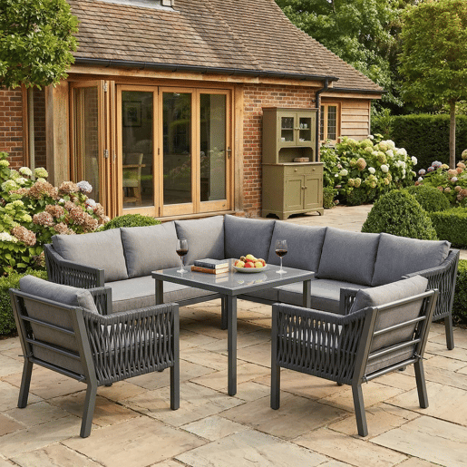 Conjunto de jantar de jardim para 8 pessoas - disposição em canto, ferro galvanizado, mesa com tampo de vidro, conjunto de corda trançada à mão, inclui mesa de jantar, duas poltronas e sofá de canto - Cinza