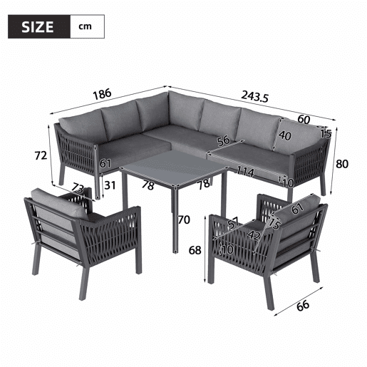 Conjunto de jantar de jardim para 8 pessoas - disposição em canto, ferro galvanizado, mesa com tampo de vidro, conjunto de corda trançada à mão, inclui mesa de jantar, duas poltronas e sofá de canto - Cinza