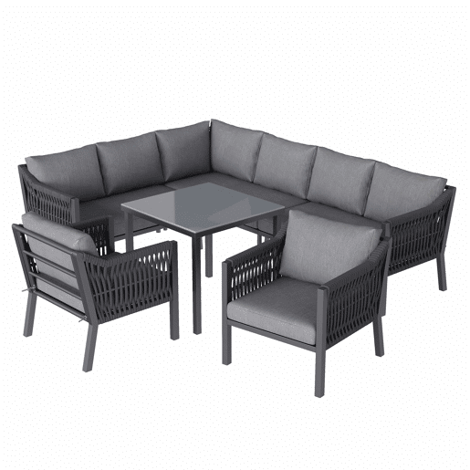 Conjunto de jantar de jardim para 8 pessoas - disposição em canto, ferro galvanizado, mesa com tampo de vidro, conjunto de corda trançada à mão, inclui mesa de jantar, duas poltronas e sofá de canto - Cinza