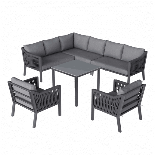 Conjunto de jantar de jardim para 8 pessoas - disposição em canto, ferro galvanizado, mesa com tampo de vidro, conjunto de corda trançada à mão, inclui mesa de jantar, duas poltronas e sofá de canto - Cinza