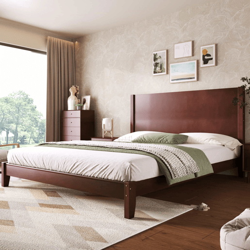 Cama de plataforma 160x200 - com cabeceira e base de ripas - castanho