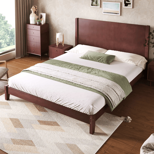 Cama de plataforma 160x200 - com cabeceira e base de ripas - castanho