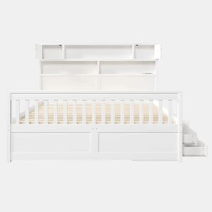 Cama de plataforma 160 x 200 cm u2013 com prateleiras de arrumação, iluminação LED, porta USB e quatro gavetas u2013 branca