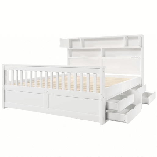 Cama de plataforma 160 x 200 cm u2013 com prateleiras de arrumação, iluminação LED, porta USB e quatro gavetas u2013 branca