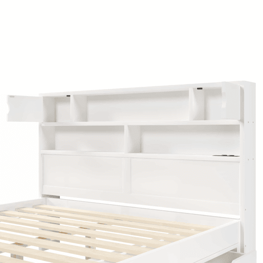 Cama de plataforma 160 x 200 cm u2013 com prateleiras de arrumação, iluminação LED, porta USB e quatro gavetas u2013 branca