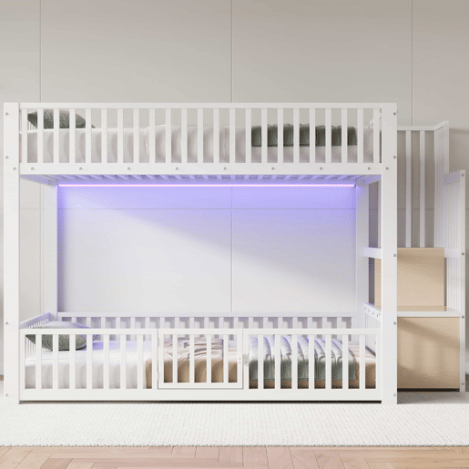 Beliche 140 x 200 cm - escada com arrumação, LED - branco