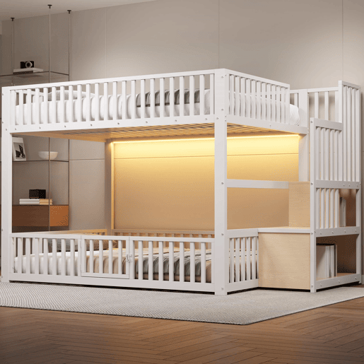 Beliche 140 x 200 cm - escada com arrumação, LED - branco