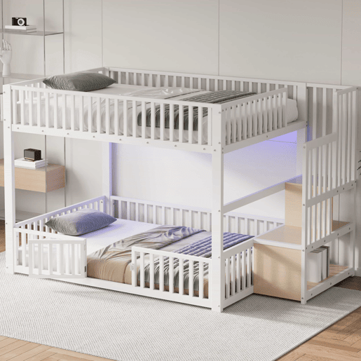 Beliche 140 x 200 cm - escada com arrumação, LED - branco