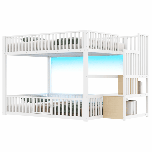 Beliche 140 x 200 cm - escada com arrumação, LED - branco