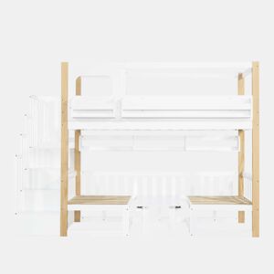 Beliche infantil 90x200 cm - com secretária regulável em altura, estante integrada e escada com espaço de arrumação - branco e natural