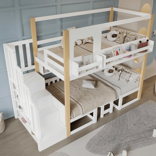 Beliche infantil 90x200 cm - com secretária regulável em altura, estante integrada e escada com espaço de arrumação - branco e natural