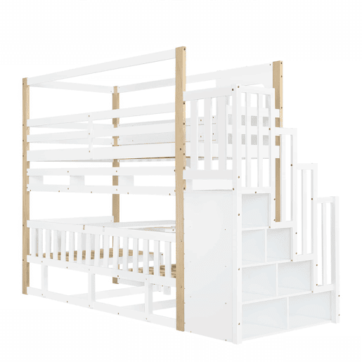 Beliche infantil 90x200 cm - com secretária regulável em altura, estante integrada e escada com espaço de arrumação - branco e natural