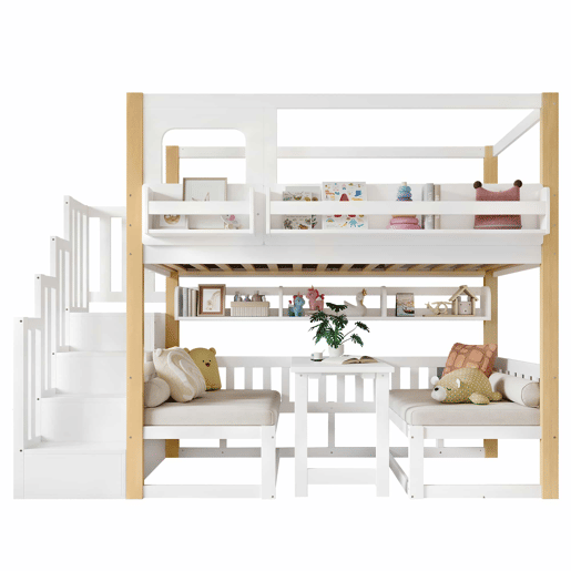 Beliche infantil 90x200 cm - com secretária regulável em altura, estante integrada e escada com espaço de arrumação - branco e natural