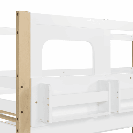 Beliche infantil 90x200 cm - com secretária regulável em altura, estante integrada e escada com espaço de arrumação - branco e natural