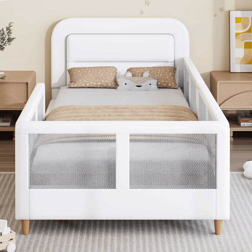 Cama de plataforma estofada 90x200 - com grade de segurança - branca