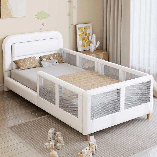 Cama de plataforma estofada 90x200 - com grade de segurança - branca