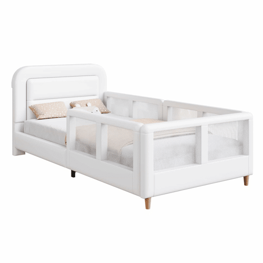Cama de plataforma estofada 90x200 - com grade de segurança - branca