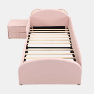 Cama individual infantil 90x200 cm - cabeceira em forma de urso, mesa de cabeceira a condizer, bordas de espuma anti-colisão, design suave, veludo + contraplacado - rosa