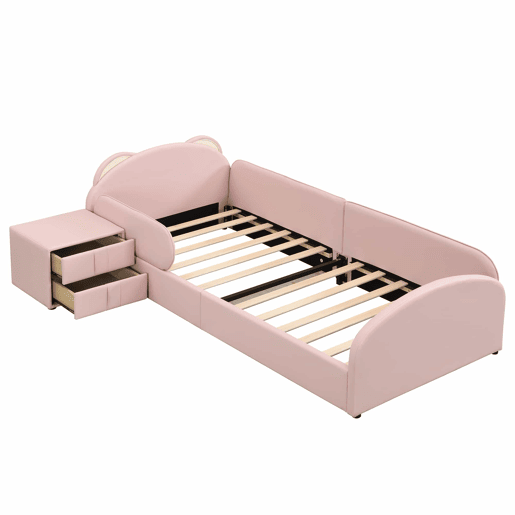 Cama individual infantil 90x200 cm - cabeceira em forma de urso, mesa de cabeceira a condizer, bordas de espuma anti-colisão, design suave, veludo + contraplacado - rosa