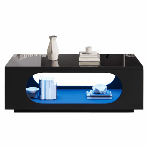 Mesa de centro com LED 100x50x35 cm - controlo por aplicação, MDF, acabamento de alto brilho, espaço de arrumação, design perfurado - preto