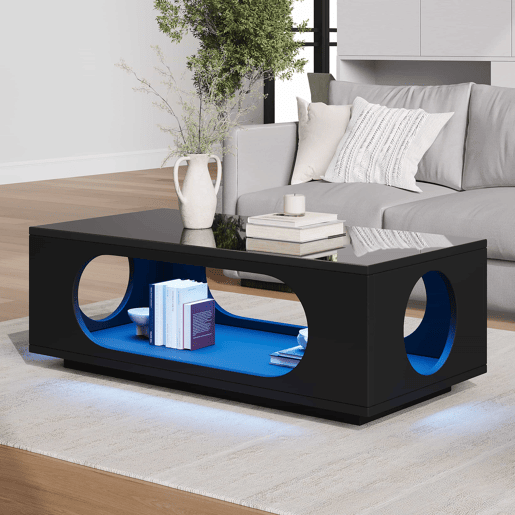 Mesa de centro com LED 100x50x35 cm - controlo por aplicação, MDF, acabamento de alto brilho, espaço de arrumação, design perfurado - preto