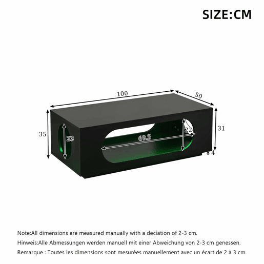 Mesa de centro com LED 100x50x35 cm - controlo por aplicação, MDF, acabamento de alto brilho, espaço de arrumação, design perfurado - preto