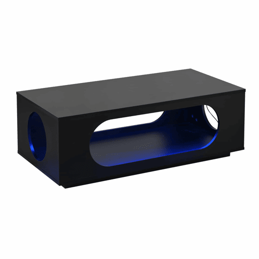 Mesa de centro com LED 100x50x35 cm - controlo por aplicação, MDF, acabamento de alto brilho, espaço de arrumação, design perfurado - preto