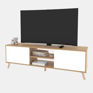Conjunto de móveis para sala de estar Oslo em carvalho branco fosco e dourado, composto por móvel para TV, aparador e estante em melamina.