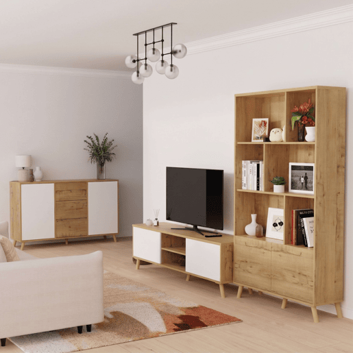 Conjunto de móveis para sala de estar Oslo em carvalho branco fosco e dourado, composto por móvel para TV, aparador e estante em melamina.