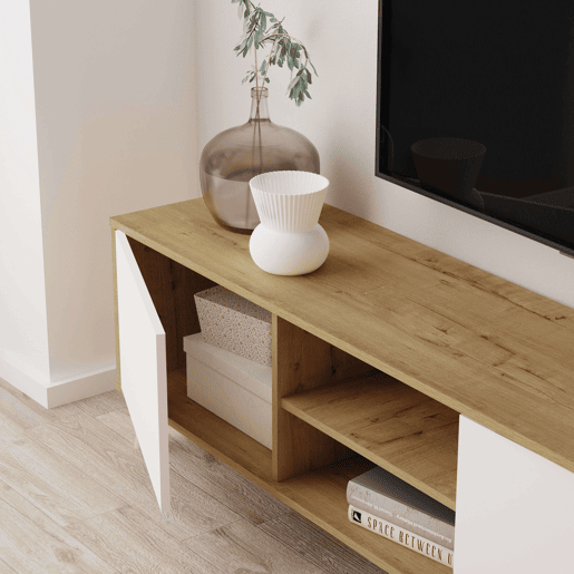 Conjunto de móveis para sala de estar Oslo em carvalho branco fosco e dourado, composto por móvel para TV, aparador e estante em melamina.
