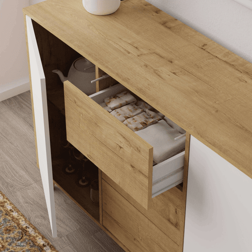 Conjunto de móveis para sala de estar Oslo em carvalho branco fosco e dourado, composto por móvel para TV, aparador e estante em melamina.