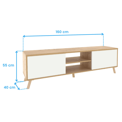 Conjunto de móveis para sala de estar Oslo em carvalho branco fosco e dourado, composto por móvel para TV, aparador e estante em melamina.