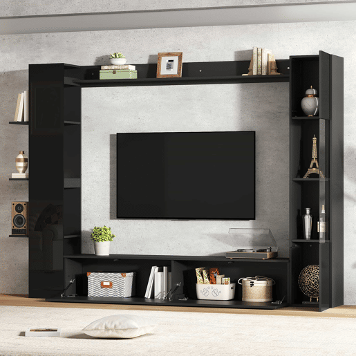 Conjunto de sala de estar modular de 4 peças - compacto com grande capacidade de arrumação, vitrina e porta reversível - preto