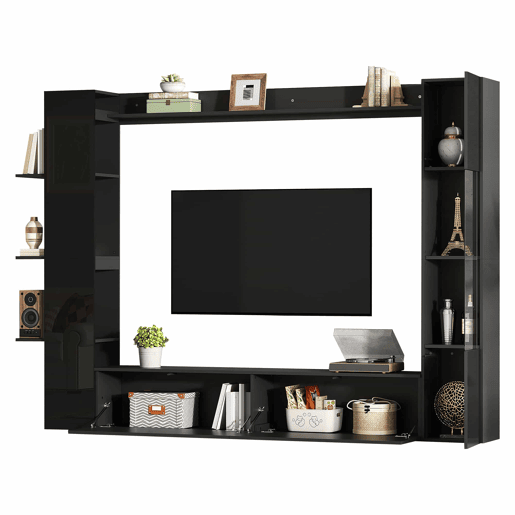 Conjunto de sala de estar modular de 4 peças - compacto com grande capacidade de arrumação, vitrina e porta reversível - preto