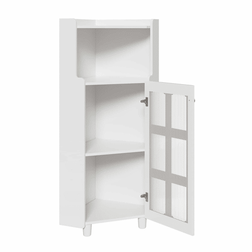 Armário de canto 63,5 x 124 cm - superfície lacada com iluminação LED e controlo por aplicação, design moderno e multifuncional - branco Armário de canto 63,5 x 124 cm - superfície lacada com iluminação LED e controlo por aplicação, design moderno e multifuncional - branco