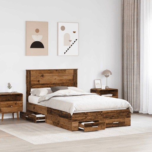 Estrutura de cama de casal com cabeceira - Madeira antiga 120 x 190 cm