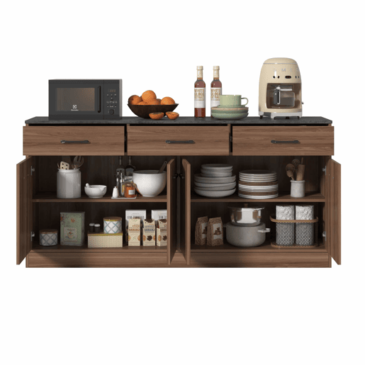Aparador de cozinha de 160 cm - 3 gavetas, prateleiras ajustáveis, tampo com efeito de betão, design em nogueira - cor nogueira
