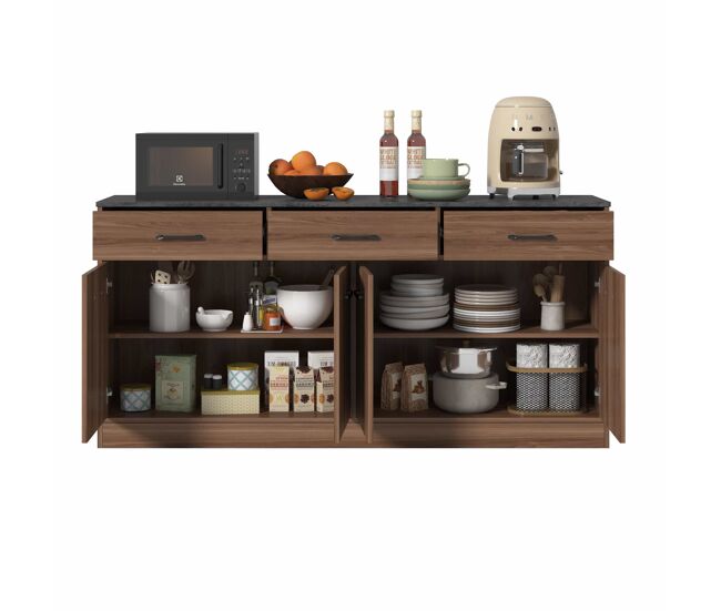 Aparador de cocina 160 cm - 3 cajones, estantes ajustables, encimera efecto hormigón, diseño en nogal - color nogal