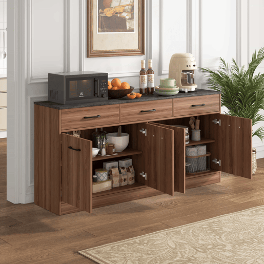 Aparador de cozinha de 160 cm - 3 gavetas, prateleiras ajustáveis, tampo com efeito de betão, design em nogueira - cor nogueira